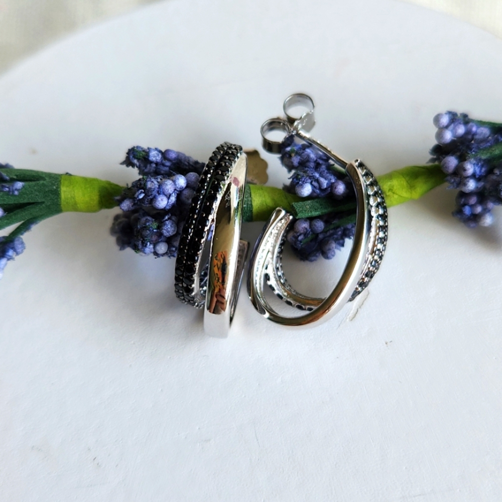 Black Spinel and Silver Hoop Earrings